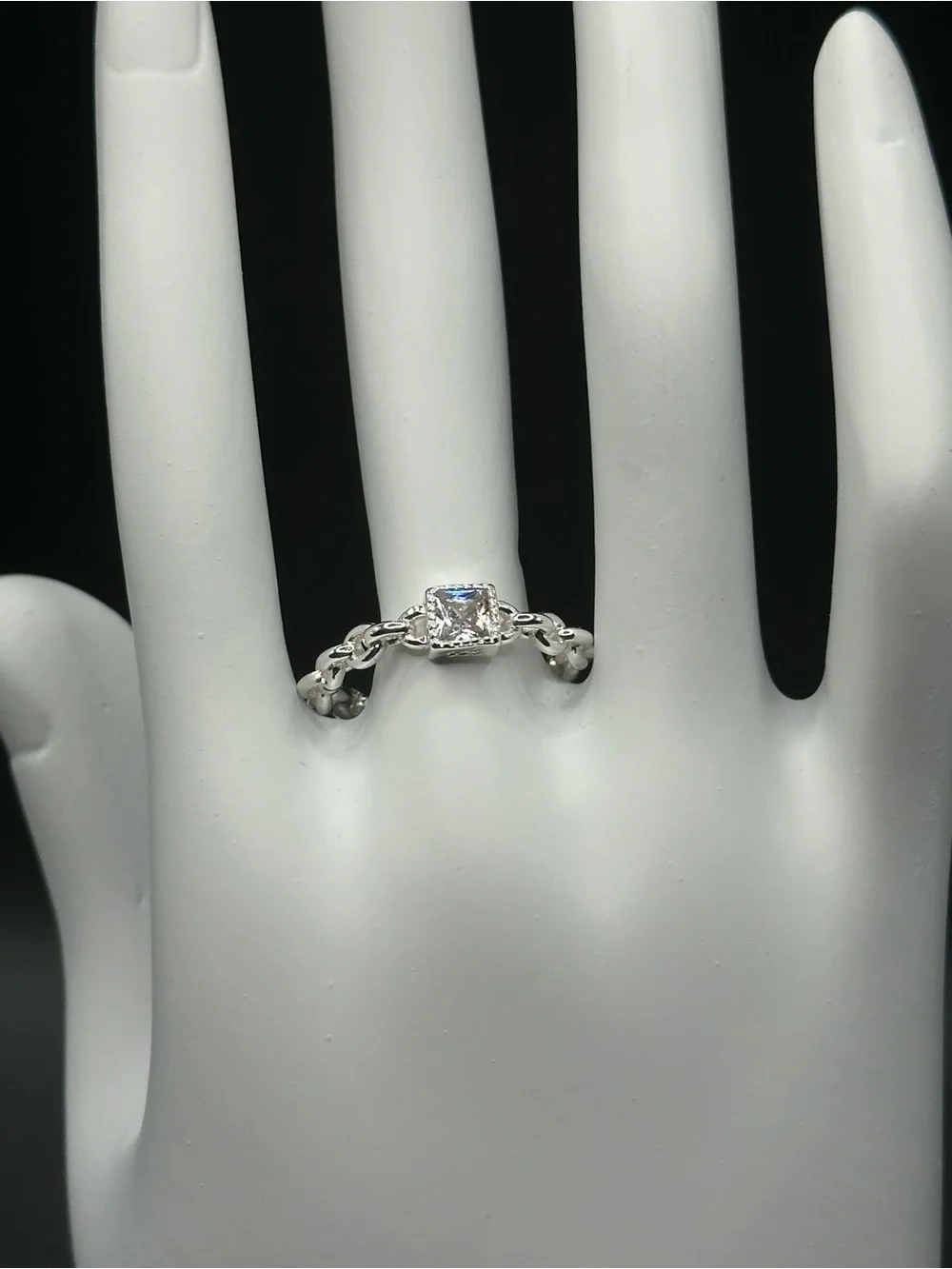 925 Sterling Silver Chain Twist Ring with Square CZ Accent adjustable